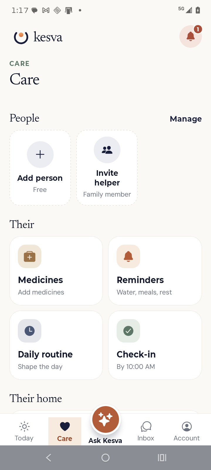 Current Kesva Care screen on Android, showing people, medicines, reminders, routine, and check-in options.