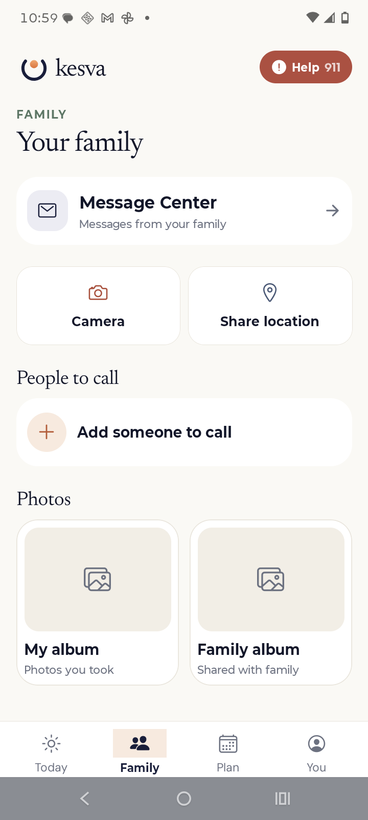 A real Kesva app screen showing the family area, messages, people to call, and photos.